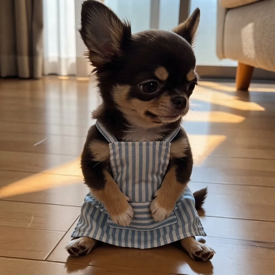 青いストライプのエプロンを着たちーちゃん
